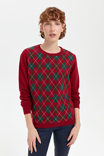 Desen Triko Red V Wool Sweater - Zero Collar and Diamond Pattern