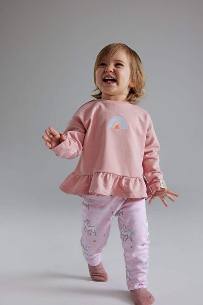 DeFacto Kız Bebek 2'li Takım Sweatshirt Unicorn Baskılı Beli Lastikli Alt D8699A525SP
