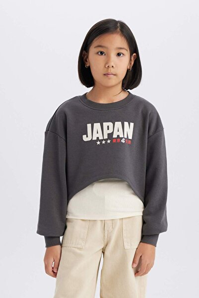 DeFacto Girl's 2-Piece Set Crop Crew Neck Printed Sweatshirt Undershirt D8820A825Sp