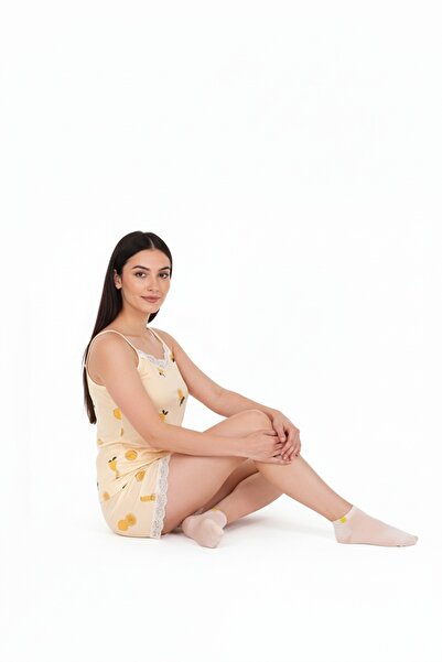 Bravie Women's Lemon Patterned Soft Textured Combed Cotton Rope Strap Shorts Pajama Set