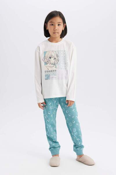 DeFacto Kız Çocuk Pijama Takımı Uzun Kollu Üst Beli Lastikli Uzun Alt E0531A825SP