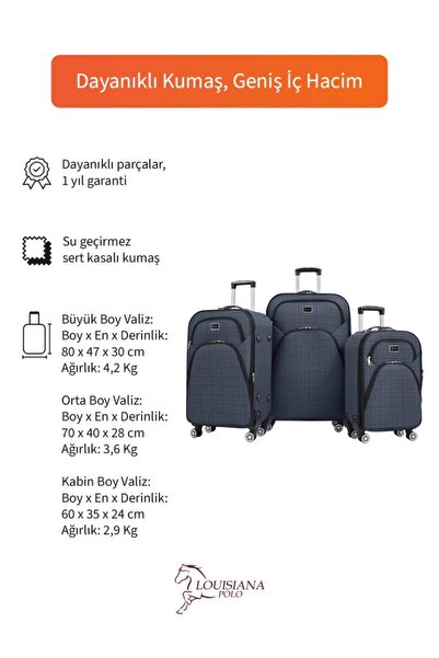 louisiana polo 3'lü Valiz Seti 4 Teker Kumaş Valiz Lacivert 1081