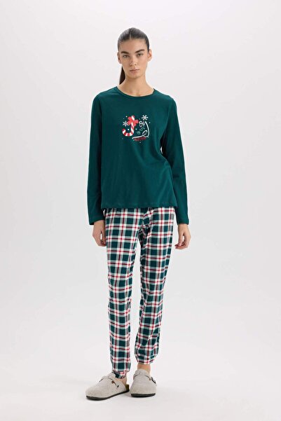 DeFacto Fall in Love Pijama Takımı Regular Fit Uzun Kollu Üst Kareli Uzun Alt D2283AX24WN