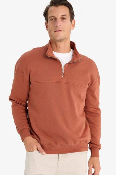 DeFacto Relax Fit Dik Yaka Fermuarlı Basic Düz Kalın Sweatshirt E5334AX24WN