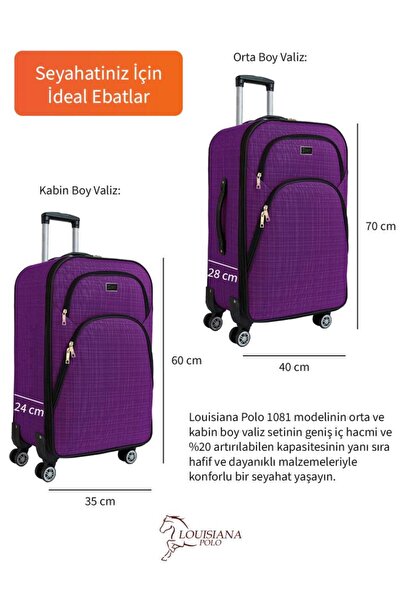 louisiana polo Orta Ve Kabin Boy Valiz Seti 4 Teker Kumaş Valiz Mor 1081