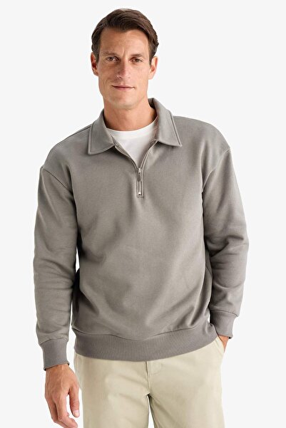 DeFacto Relax Fit Polo Yaka Fermuarlı Basic Düz Kalın Sweatshirt E5333AX24WN