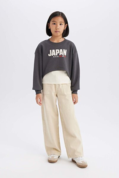DeFacto Girl's 2-Piece Set Crop Crew Neck Printed Sweatshirt Undershirt D8820A825Sp