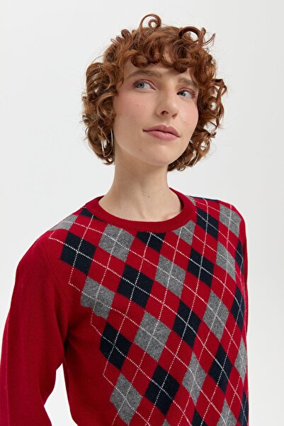 Desen Triko Red Women's Wool Sweater - Null Collar, Diamond Pattern
