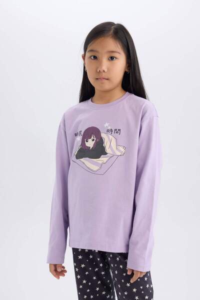 DeFacto Kız Çocuk Pijama Takımı Uzun Kollu Üst Beli Lastikli Uzun Alt E0544A825SP