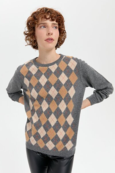 Desen Triko Smoke Colored Women's Woolen Sweater - Zero Collar and Diamond Pattern