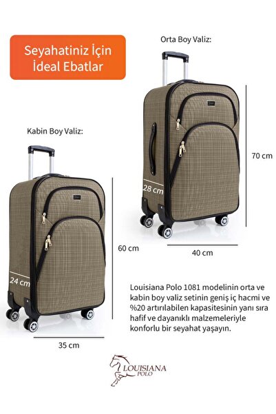 louisiana polo 2'li Valiz Seti Orta Ve Kabin Boy 4 Teker Kumaş Valiz Bej 1081
