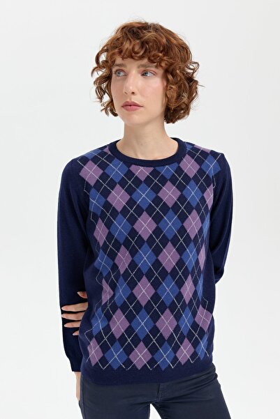 Desen Triko Γυναικείο μάλλινο πουλόβερ Navy Blue - O-Neck, Μπακλαβά Μοτίβο