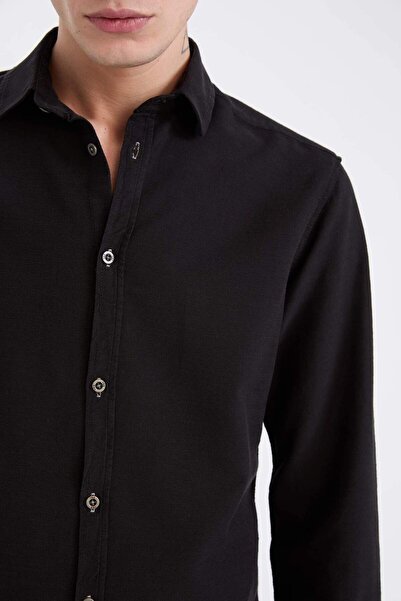 DeFacto Slim Fit Dar Kesim Pamuklu Basic Düz Uzun Kollu Siyah Gömlek A4644AX24AU