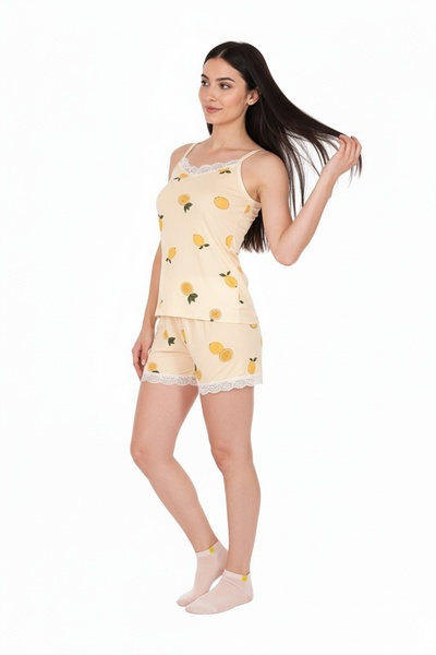 Bravie Women's Lemon Patterned Soft Textured Combed Cotton Rope Strap Shorts Pajama Set