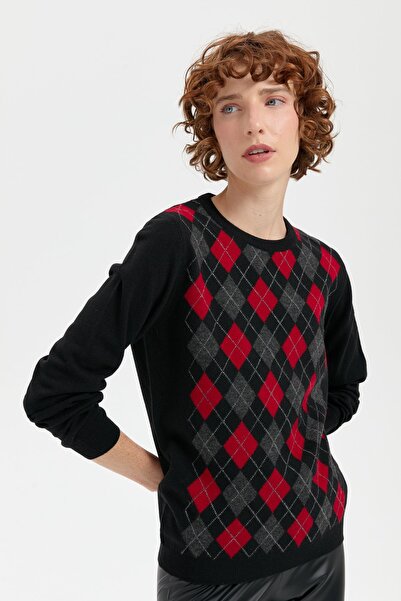 Desen Triko Pulover negru de lână pentru femei - decolteu nou, față cu model ...