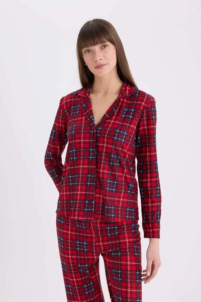 DeFacto Flexible Passform – kariertes Langarm-Pyjama-Set, Taillen-Langboden E6324ax24wn