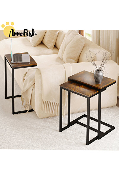 AnneFish طقم طاولات خدمة قهوة على شكل حرف C مكون من 3 قطع، طاولة جانبية متداخلة، طاولة قهوة صغيرة، طاولة أريكة