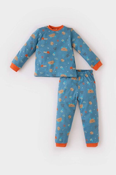 DeFacto Erkek Bebek Pijama Takımı Bisiklet Yaka Ayı Baskılı Uzun Kollu Üst Beli Lastikli Uzun Alt D7152A524W