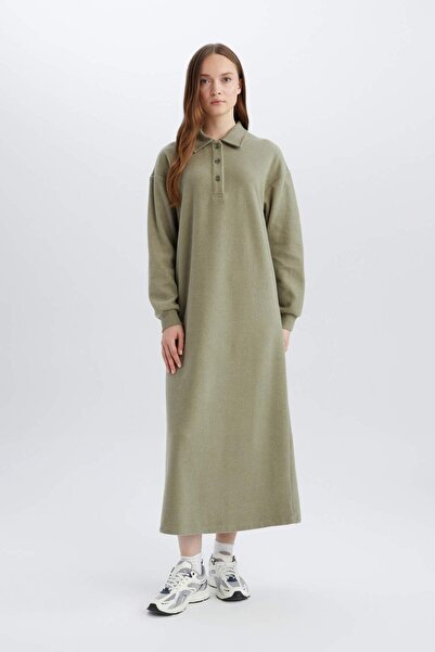 DeFacto Basic Solid Button Long Sleeve Thessaloniki Fabric Maxi Knitwear Dress B7260Ax24Wn