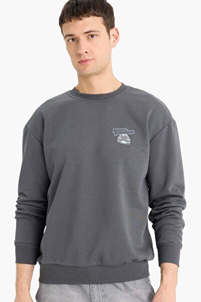 DeFacto Fast & Furious Boxy Fit Bisiklet Yaka Sırt Baskılı Kalın Sweatshirt E1115AX25SP