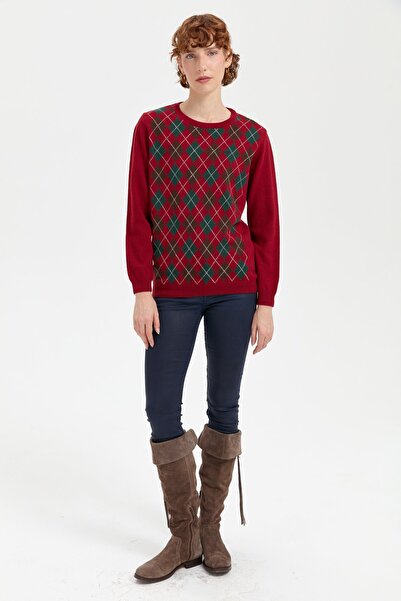Desen Triko Red V Wool Sweater - Zero Collar and Diamond Pattern