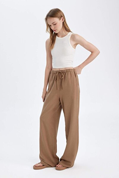 DeFacto Keten Karışımlı Pantolon Wide Leg Geniş Bol Paça Üç Cepli Normal Bel Basic Düz Standart Boy C4545AX