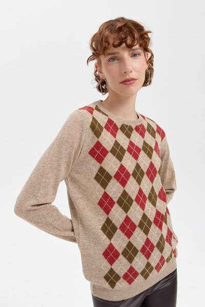 Desen Triko Beige Women's Woolen Sweater - Zero Collar and Diamond Pattern