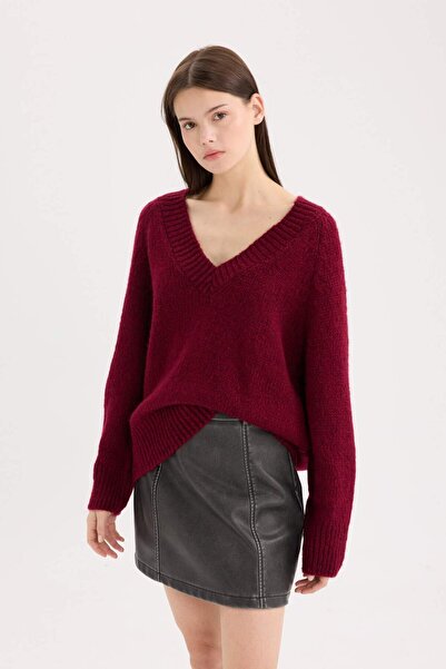 DeFacto Oversize Wide Fit V-Neck Basic Plain Burgundy Knitwear Sweater A3264Ax24Cw