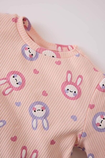 DeFacto Ribbed Baby Girl Pajamas Set - Crew Neck, Rabbit Print, Long Sleeve, Top Elastic Waist