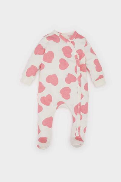 DeFacto Baby Girl Newborn Heart Print Combed Cotton Long Sleeve Snap Jumpsuit E6046A5Ns