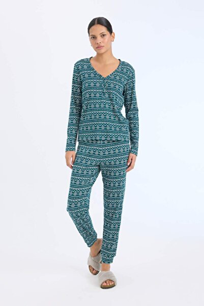 DeFacto Pijama Takımı Waffle Kumaş Uzun Kollu Üst Beli Lastikli Uzun Alt-Fall in Love D2284AX24WN