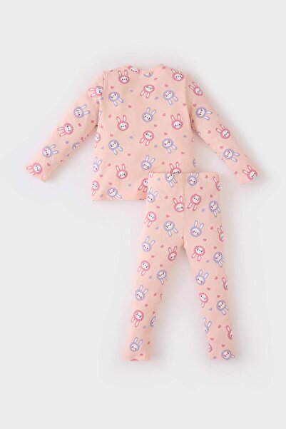 DeFacto Ribbed Baby Girl Pajamas Set - Crew Neck, Rabbit Print, Long Sleeve, Top Elastic Waist