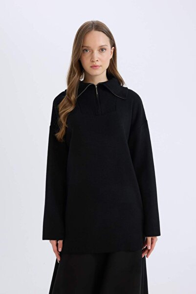 DeFacto Regular Fit Fermuarlı Dik Yaka Triko Kazak Tunik B0191AX24WN