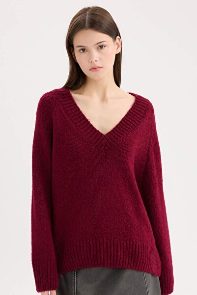 DeFacto Oversize Wide Fit V-Neck Basic Plain Burgundy Knitwear Sweater A3264Ax24Cw