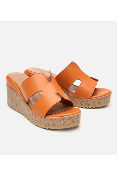 Hotiç Women's Leather Orange Stone Heeled Slippers