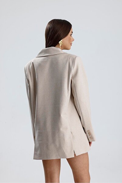 VAPUR TEKSTİL Three-Pocket Buttoned Front Oversize Blazer Jacket - Beige