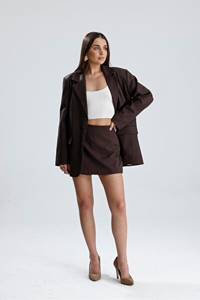 VAPUR TEKSTİL Three-Pocket Button-Front Oversize Blazer Jacket - Brown