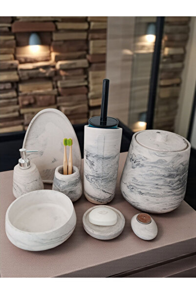 Trust Stone Set de baie din beton cu model de marmură, 11 piese, toaletă, coș de gunoi, dozator de săpun, suport pentru periuță de dinți, tavă, accesorii