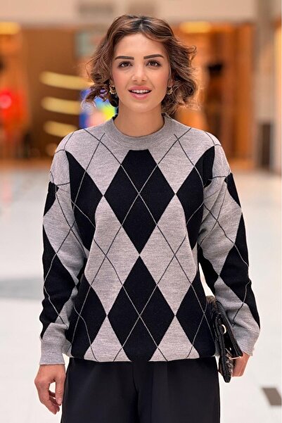 Nevin Kaya Moda Gray Color Diamond Patterned Sweater