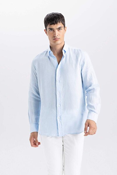 DeFacto Regular Fit Polo Neck Linen Long Sleeve Shirt D8816Ax24Hs