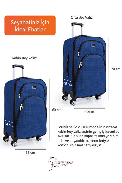 louisiana polo Orta Ve Kabin Boy Valiz Seti 4 Teker Kumaş Valiz Saks Mavi 1081