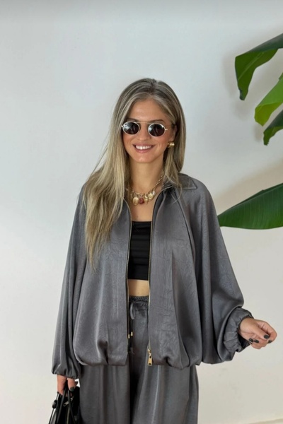 Safgiyim44 Batwing Sleeve Satin Jacket Gray