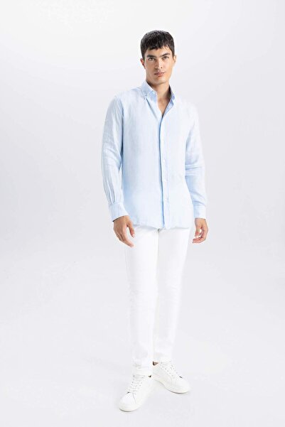 DeFacto Regular Fit Polo Neck Linen Long Sleeve Shirt D8816Ax24Hs