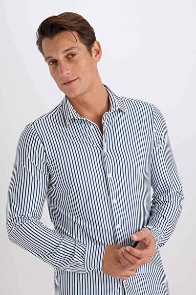 DeFacto Slim Fit Dar Kesim Polo Yaka Çizgili Uzun Kollu Gömlek D4563AX24AU