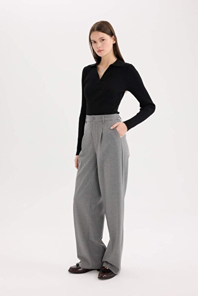 DeFacto Wide Leg Klasik Kumaş Pantolon Geniş Bol Paça Çift Cepli Yüksek Bel Standart Boy Basic Düz D4360AX25