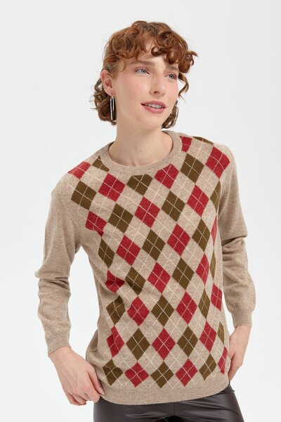 Desen Triko Beige Women's Woolen Sweater - Zero Collar and Diamond Pattern