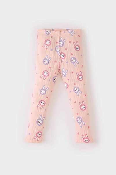DeFacto Ribbed Baby Girl Pajamas Set - Crew Neck, Rabbit Print, Long Sleeve, Top Elastic Waist