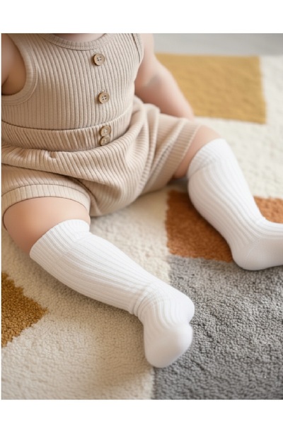 Panowill Design Erkek Kız Bebek Sade Fitilli Beyaz Renk Düz Diz Altı Çorap Di...