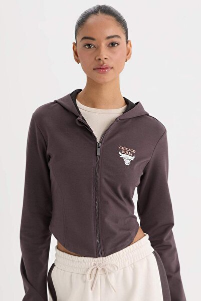 DeFacto Defactofit Nba Chicago Bulls Slim Fit Close-Fitting Hooded Jersey Fabric Zip-Up Cardigan D6137Ax25Sp