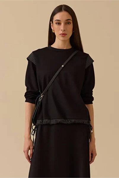SEÇİL Kadın Çizgi Detaylı Bağcıklı Sweatshirt - Siyah